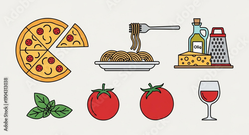 Italian Food Icons Pizza Pasta Tomatoes Cheese Wine and Herbs.
