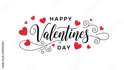 Happy Valentine's Day greeting with red hearts and swirls