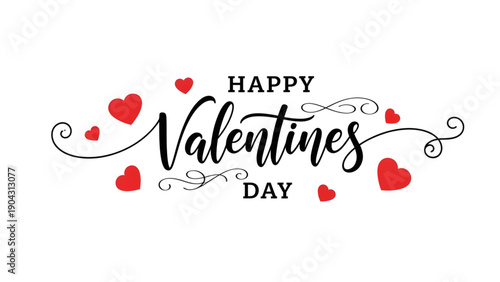 Happy Valentine's Day celebration with red hearts and swirls
