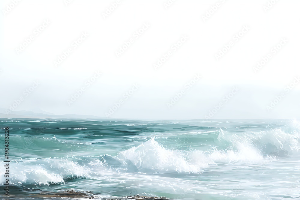 Fototapeta premium Ocean waves oil painting landscape with bright sky background