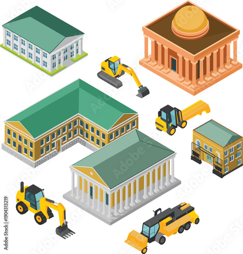 isometric government buildings and construction vehicles set with courthouse capitol excavator truck forklift civic architecture vector illustration bundle assets,