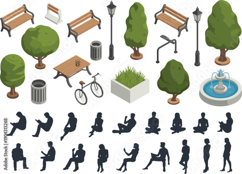 isometric park elements set with benches trees fountain bicycle trash bins street lamps and people silhouettes vector collection pack,
