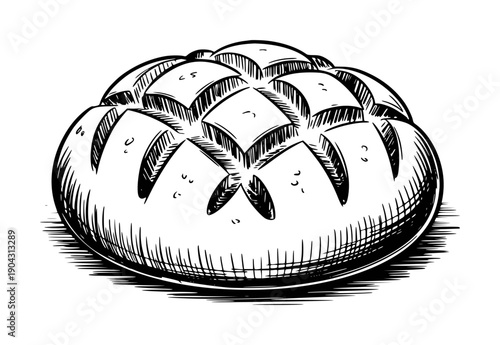 Hand Drawn of a Round Loaf of Bread with Scoring White Background food baking