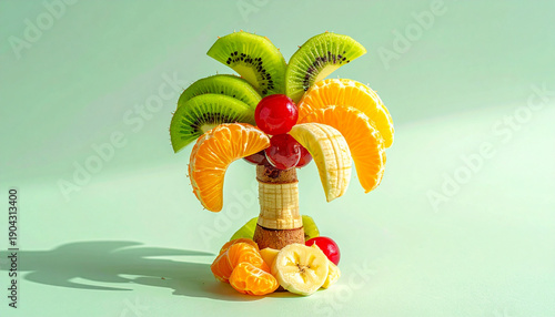 Creative Fruit Palm Tree Made of Kiwi, Orange, Banana and Cherry Slices.