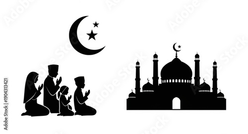 Islamic Symbols Family Praying and Mosque Silhouette.