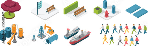 isometric urban city elements industry transport people street furniture infrastructure collection flat vector illustration modern design set pack,