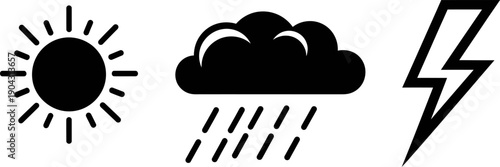 Simple Weather Icons Set: Sun, Rain Cloud, and Lightning Bolt Symbols