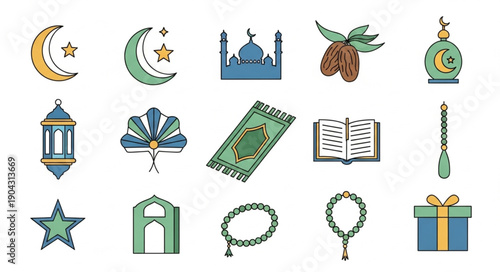 Islamic cultural symbols and objects collection vector illustration.