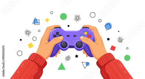 Illustration of hands holding a purple video game controller with colorful icons floating around on a white background.