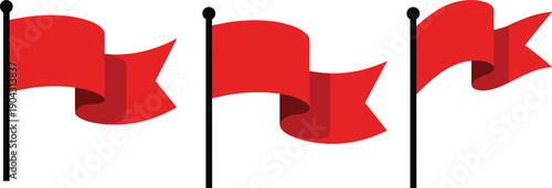Red flag banner on pole set waving pennant symbols isolated white background simple illustration collection marker sign signal design