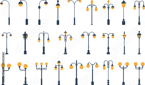 minimalist street lamp vector icon collection, modern urban light poles set, flat outdoor lighting design elements bundle