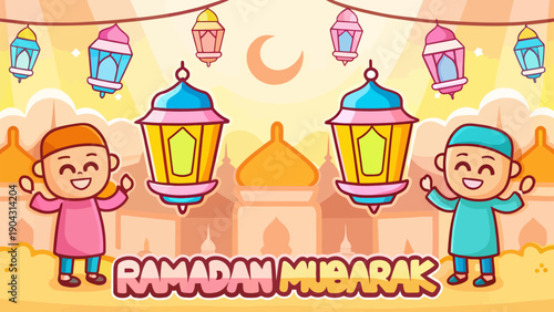 Charming and child-friendly illustration for Ramadan Mubarak, showcasing a happy child with a traditional fez, perfect for welcoming the Islamic holy month.