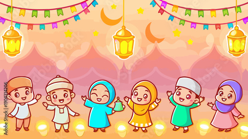 A colorful cartoon illustration of diverse children celebrating joyfully, perhaps a festival or holiday, with bright colors and cheerful expressions.