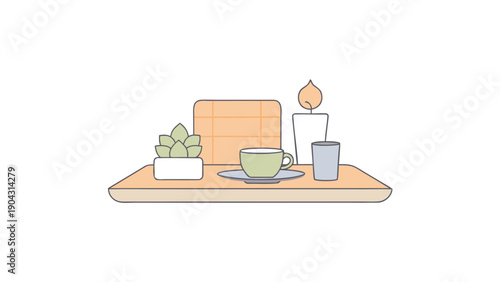 Minimalist vector illustration of a wooden tray with a succulent plant, coffee cup, burning candle, and book, isolated on white