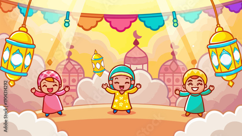 Joyful flat vector illustration of children and Islamic symbols, celebrating a holiday with bright colors and a festive, welcoming atmosphere.