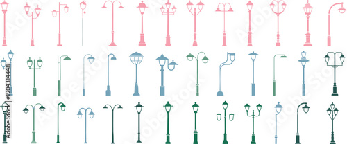 street lamp vector icon collection, vintage modern light poles set, urban lighting silhouettes, decorative outdoor design elements pack