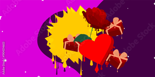 Red Heart, Gift Box and Rose graffiti. Abstract modern street art decoration performed in urban painting style.