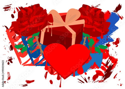 Red Heart, Gift Box and Rose graffiti. Abstract modern street art decoration performed in urban painting style.