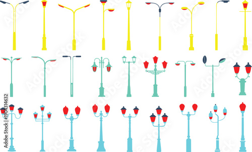 street, lamps, set, flat, illustration, light, pole, collection, urban, city, modern, vintage, outdoor, design, vector, isolated, decorative, equipment, lighting, icons