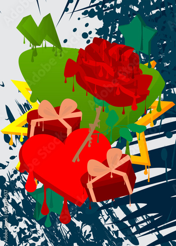 Red Heart, Gift Box and Rose graffiti. Abstract modern street art decoration performed in urban painting style.