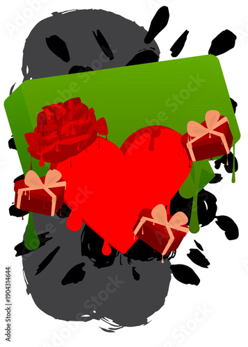 Red Heart, Gift Box and Rose graffiti. Abstract modern street art decoration performed in urban painting style.