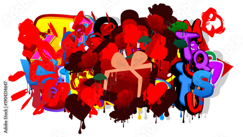 Red Heart, Gift Box and Rose graffiti. Abstract modern street art decoration performed in urban painting style.