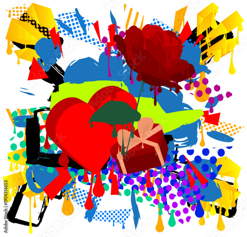 Red Heart, Gift Box and Rose graffiti. Abstract modern street art decoration performed in urban painting style.
