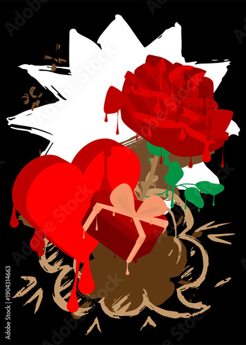 Red Heart, Gift Box and Rose graffiti. Abstract modern street art decoration performed in urban painting style.