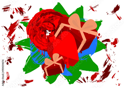 Red Heart, Gift Box and Rose graffiti. Abstract modern street art decoration performed in urban painting style.