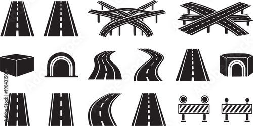 A collection of various road signs and symbols used in traffic management and navigation
