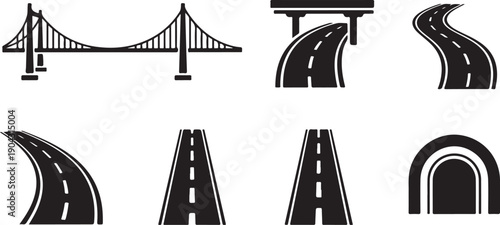 Various types of bridges and tunnels depicted in black and white icons