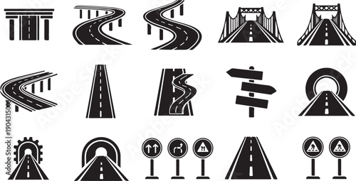 A collection of various road signs and symbols for traffic management and safety