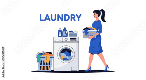 A woman in blue carries laundry next to a washing machine and basket