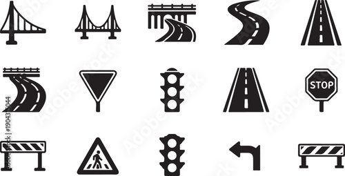 A collection of various road signs and symbols for traffic and safety guidance