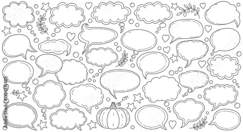 Collection of hand drawn speech bubbles hearts stars and autumnal pumpkin sketches