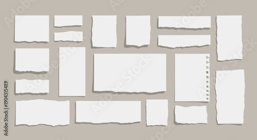 Collection of torn and ripped white paper scraps against a neutral background