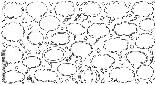 Hand drawn collection of speech bubbles stars hearts and autumnal elements