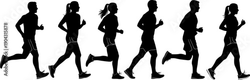 Running people silhouettes, jogging men women poses, fitness cardio activity, isolated black vector illustration, healthy lifestyle concept