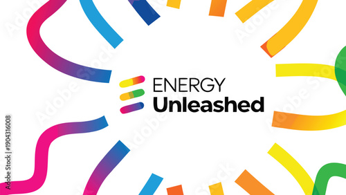Vector colorful energy unleashed logo with rainbow lines and bold text, for banner or poster