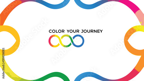 Rainbow colored infinity loop design with 'Color Your Journey' text, vector template for banner or poster