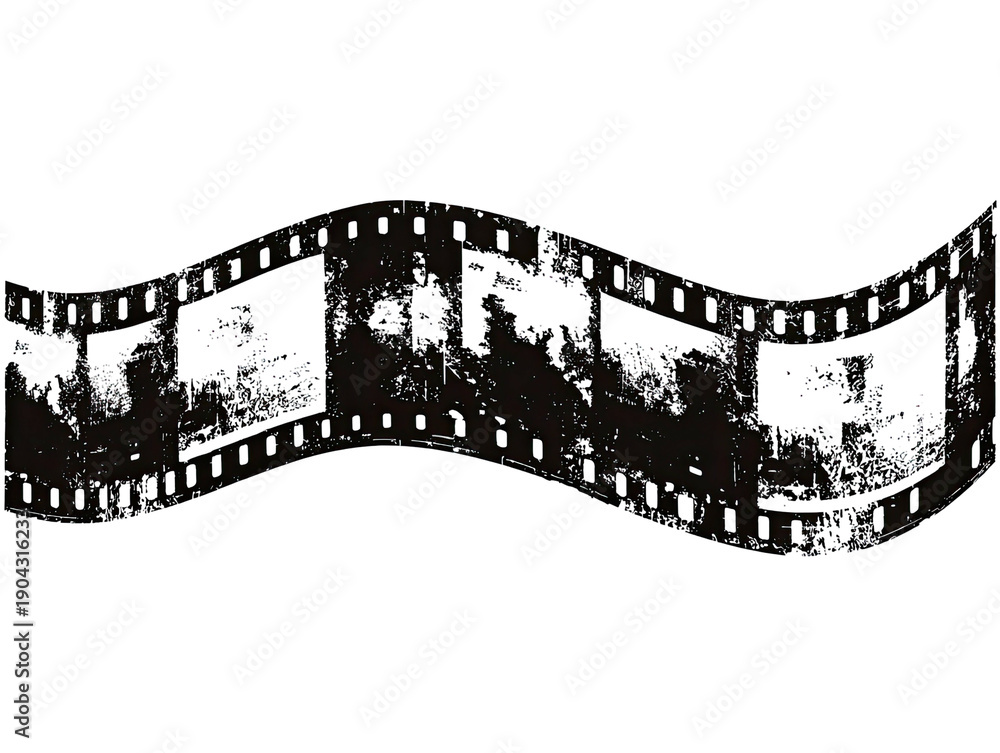 Fototapeta premium Wavy, grayscale filmstrip frames display abstract, dark imagery