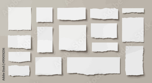 Collection of torn and rectangular white paper pieces on a neutral background