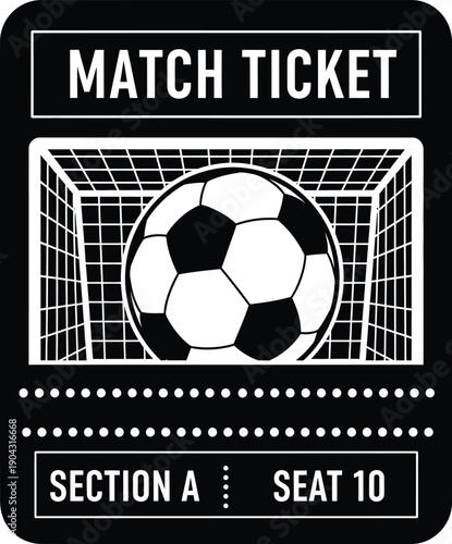 A black and white illustration of a soccer match ticket with a soccer ball in a goal.