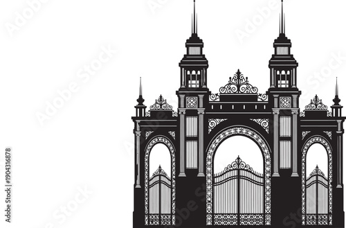 An ornate black and white illustration of a grand entrance with towers.