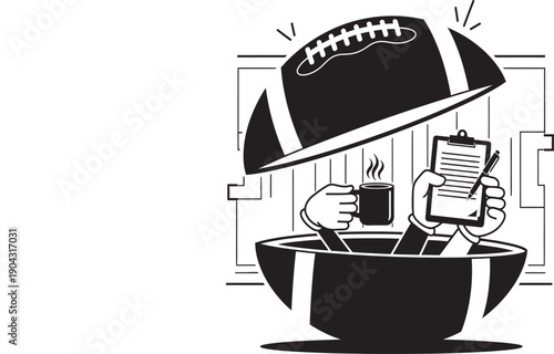A cartoon football helmet covering a man in a bowl as he enjoys coffee and reviews a document.