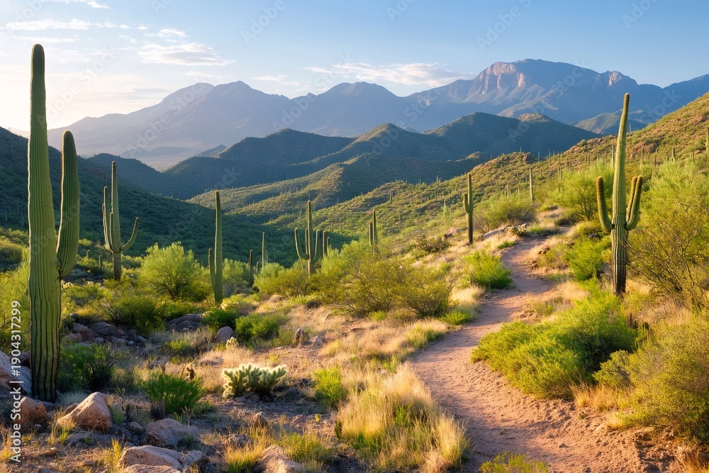Naklejka premium Sonoran Desert trail hiking with Saguaro cacti and mountains