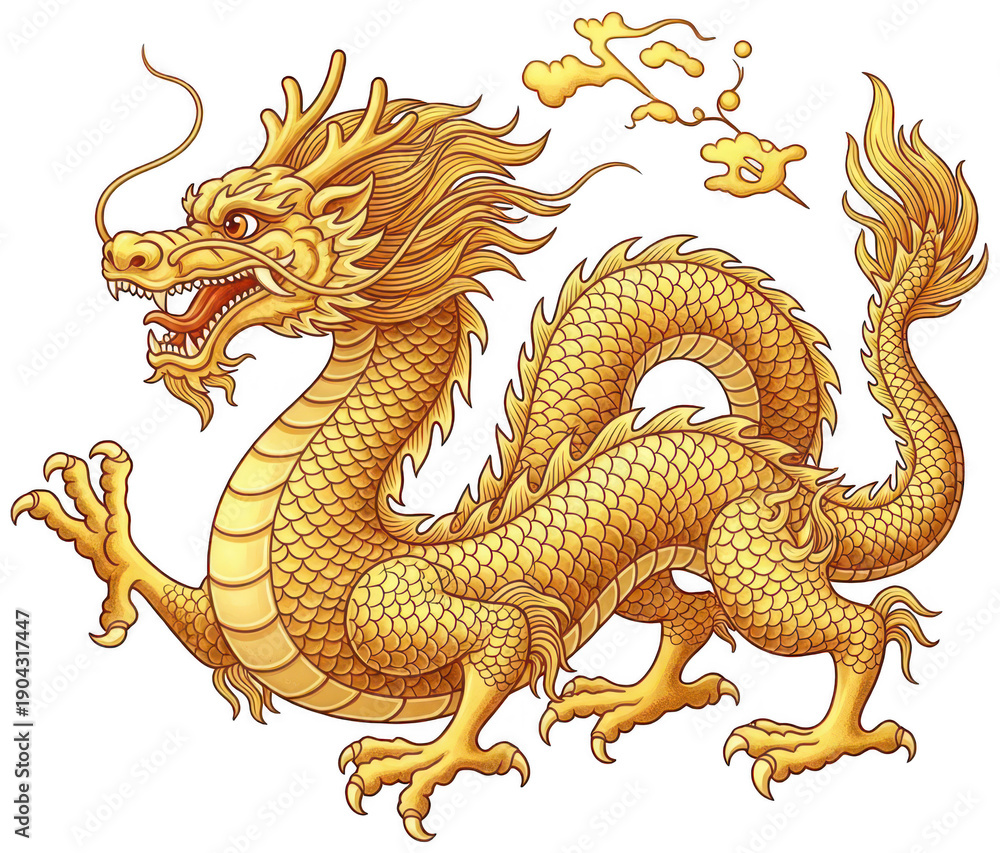 Fototapeta premium Golden dragon png Chinese creature cutout Oriental beast png Traditional mascot cutout Mythical serpent png Yellow dragon cutout Asian isolated transparent background image