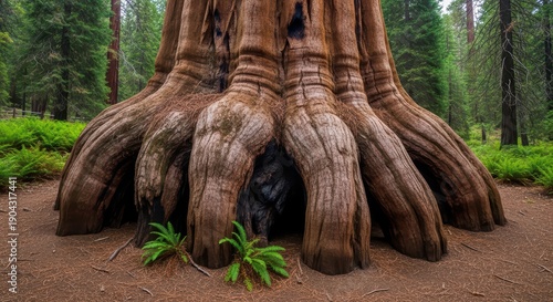 Majestic sequoia tree base with distinctive roots surrounded by lush green ferns in serene woodland setting