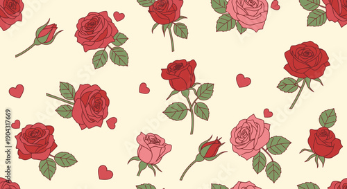 Vibrant roses and hearts on cream background.