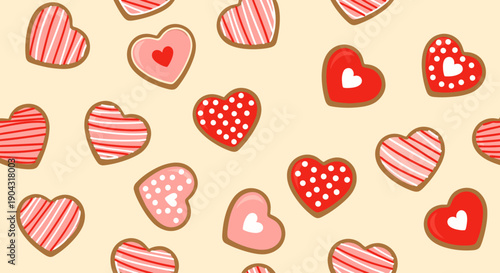 Colorful heart shaped cookies on background.